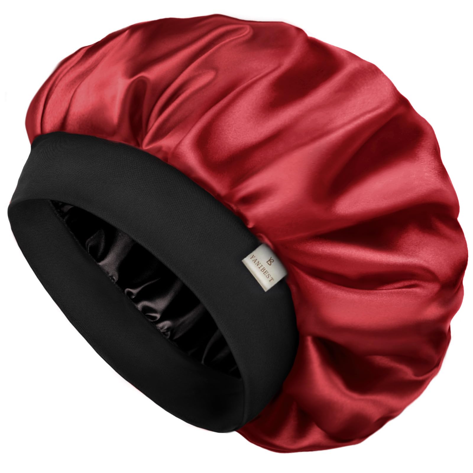 YANIBEST silk bonnet double-layer wine-red close-up for frizz control.