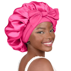YANIBEST Silk Bonnet front view in pink reduces friction for overnight hair care