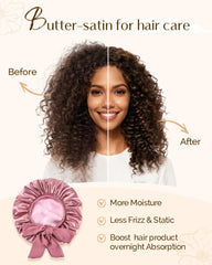 YANIBEST silk bonnet on head at night illustrating gentle protection for curly hair