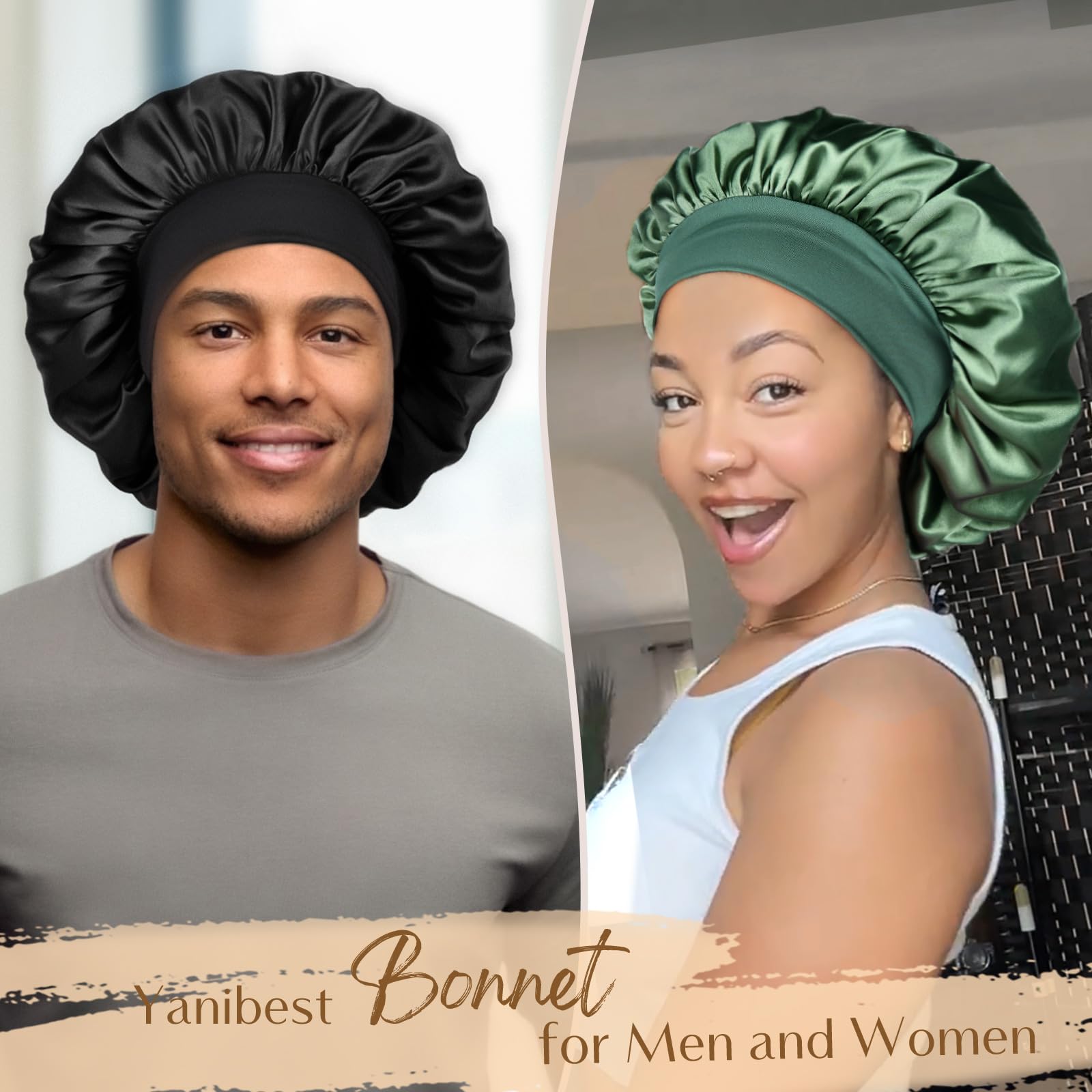YANIBEST silk bonnet on head demonstrates secure fit for overnight wear