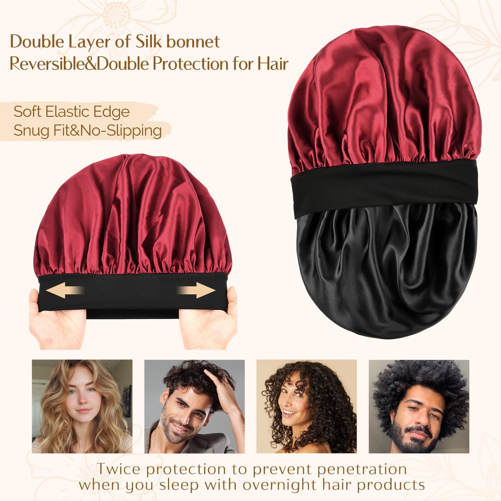 YANIBEST wine-red satin bonnet shows gentle satin sheen for hair protection.