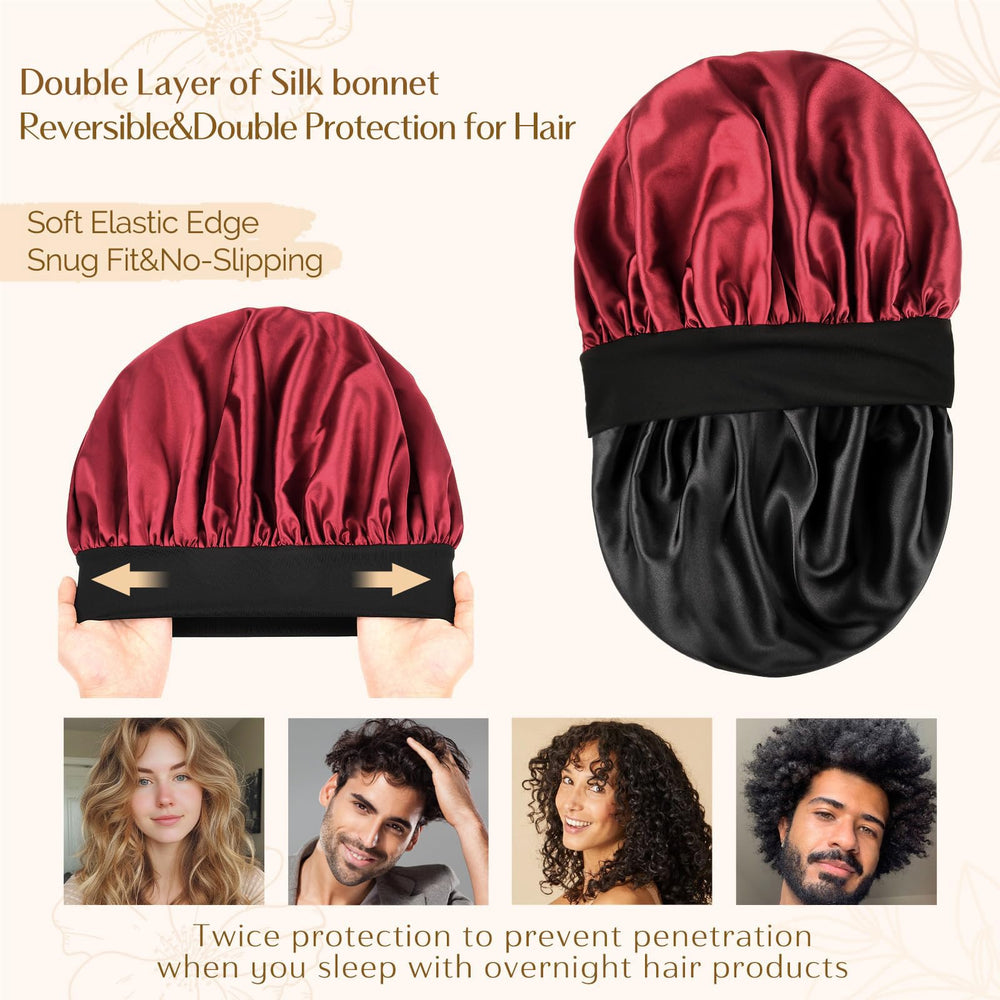 YANIBEST wine-red satin bonnet shows gentle satin sheen for hair protection.