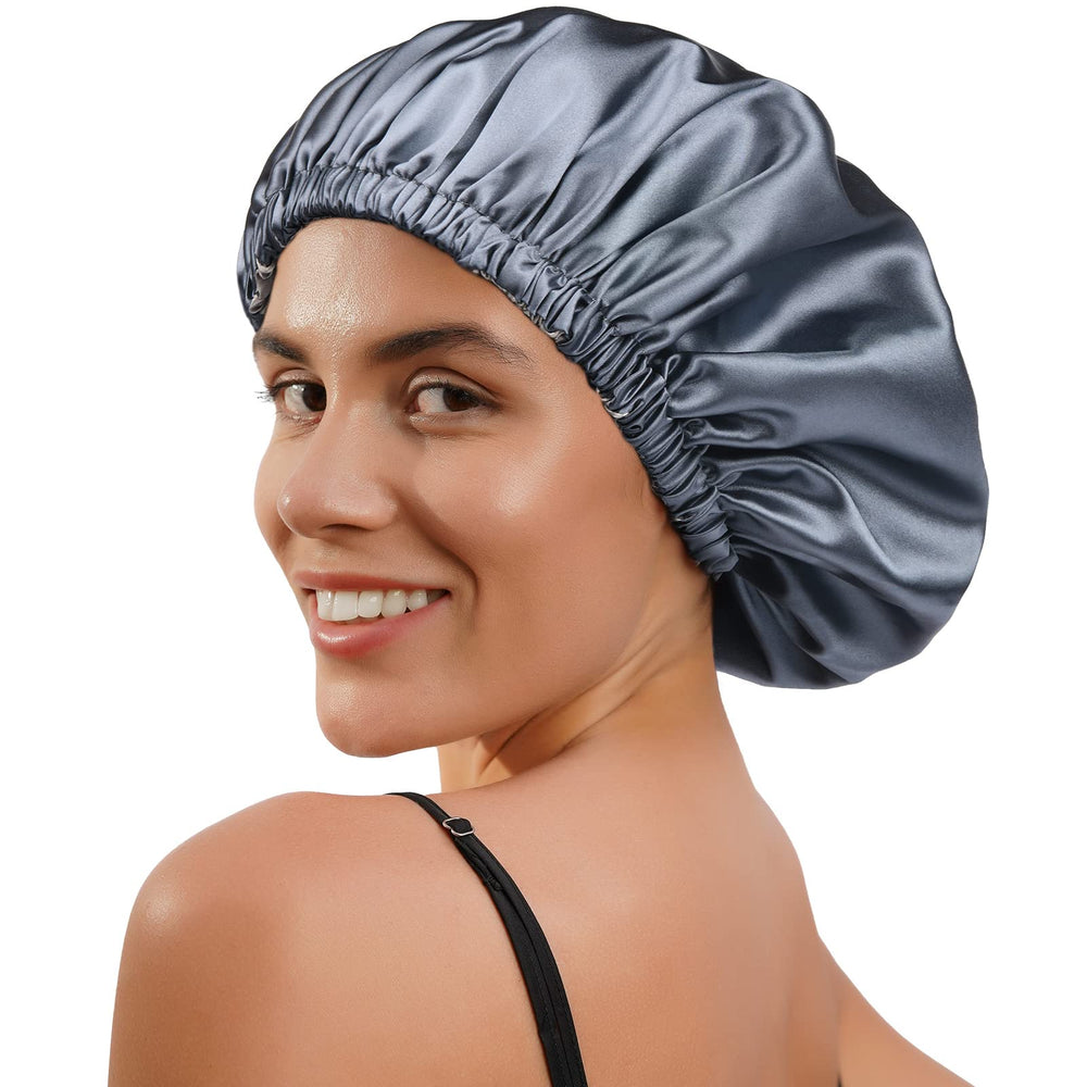 YANIBEST Silk Satin Bonnet ash-blue interior close-up highlighting soft lining for gentle hair care.
