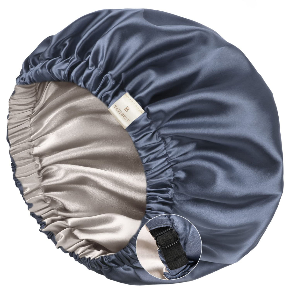 YANIBEST Silk Satin Bonnet ash-blue front view showing adjustable double-layer for secure fit.