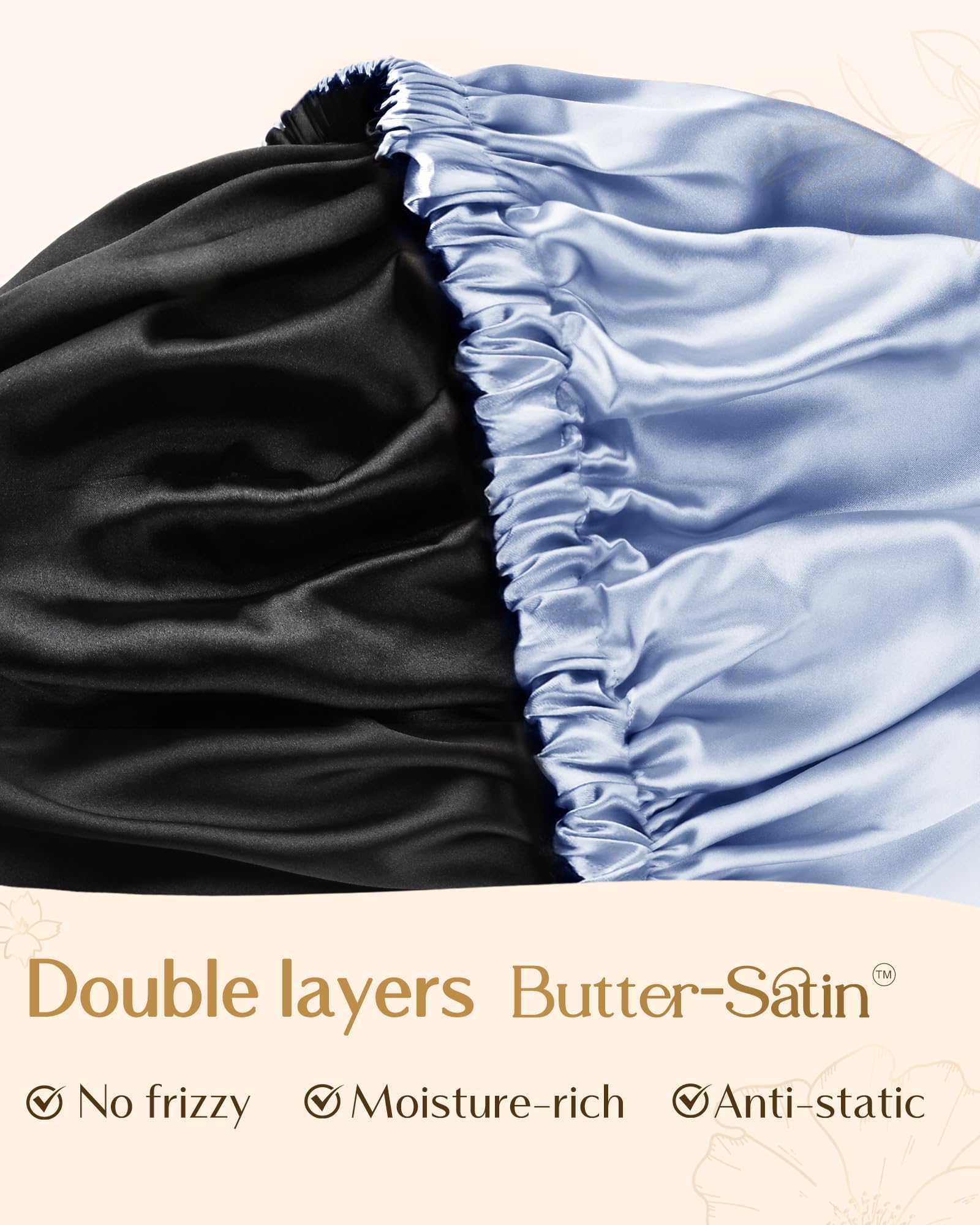 YANIBEST sky blue satin bonnet on bed promotes smooth morning hair and restful sleep.