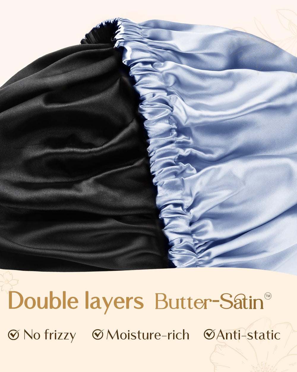 YANIBEST sky blue satin bonnet on bed promotes smooth morning hair and restful sleep.
