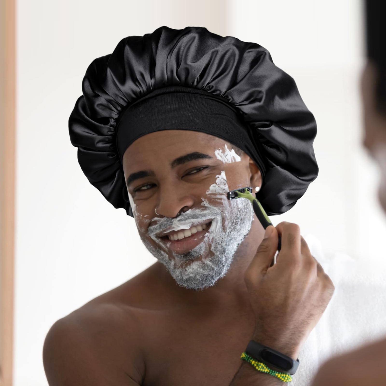 YANIBEST Silk Bonnet on head shows comfortable fit without leaving forehead marks.