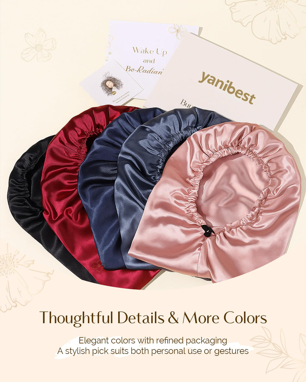 YANIBEST satin care guide image shows gentle washing and drying