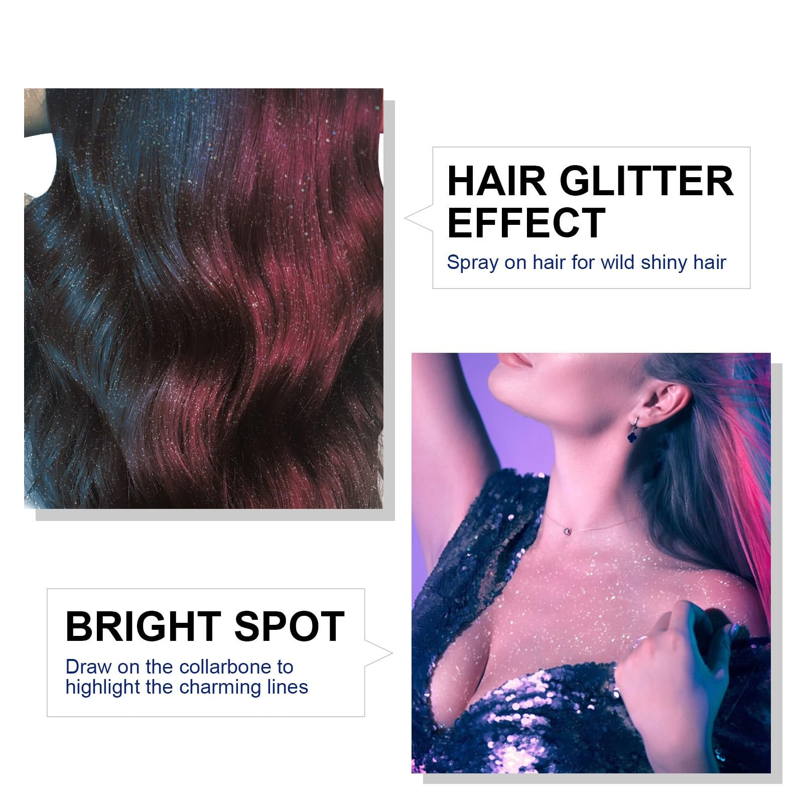 Yaper glitter spray provides all-over body sparkle for stage-ready glow.