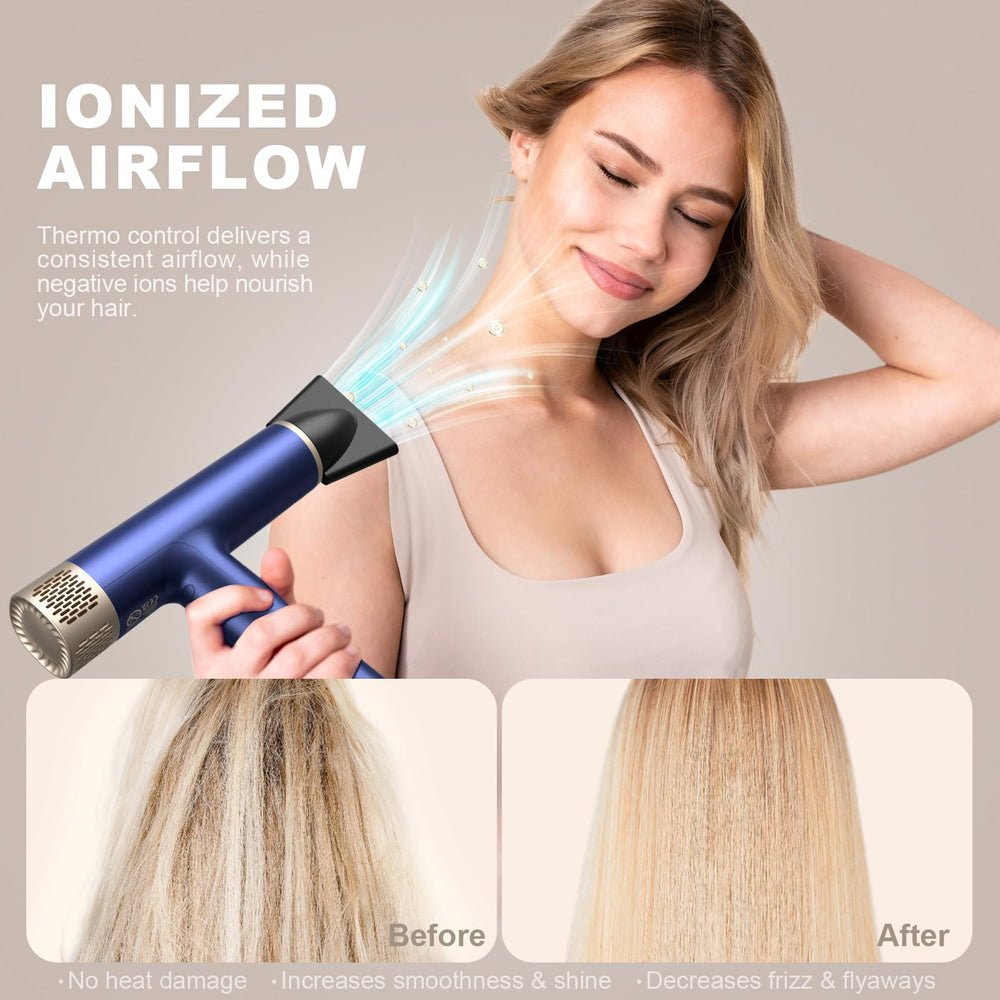 YAPOY professional hair dryer showing high-speed airflow for rapid drying with controlled heat.