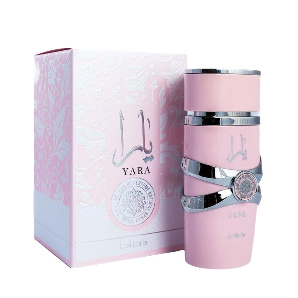 Yara Pink Eau De Parfum bottle angled, showcases long lasting fragrance for daily wear.
