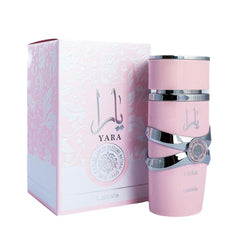 Yara Pink Eau De Parfum bottle angled, showcases long lasting fragrance for daily wear.