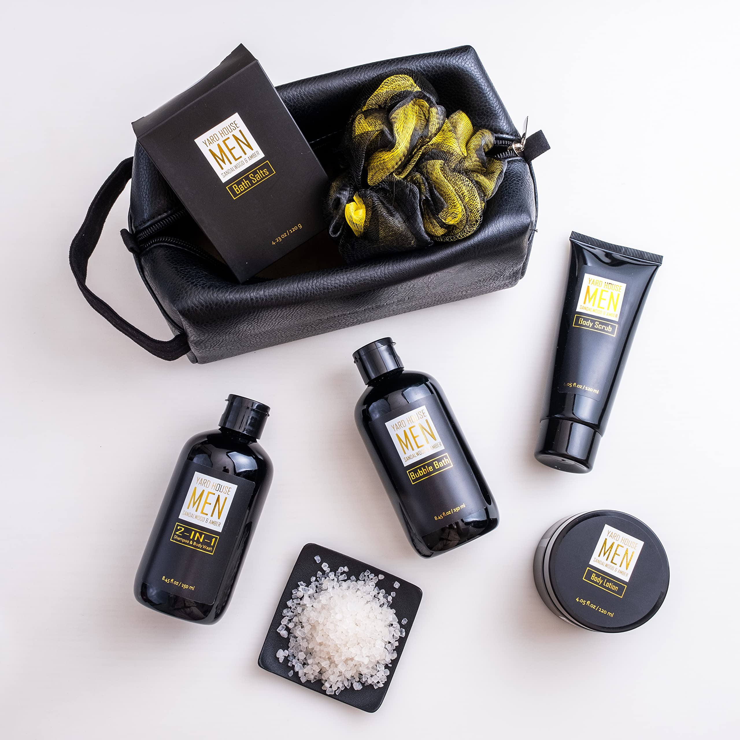Yard House two-color loofah beside spa products for exfoliating cleanse