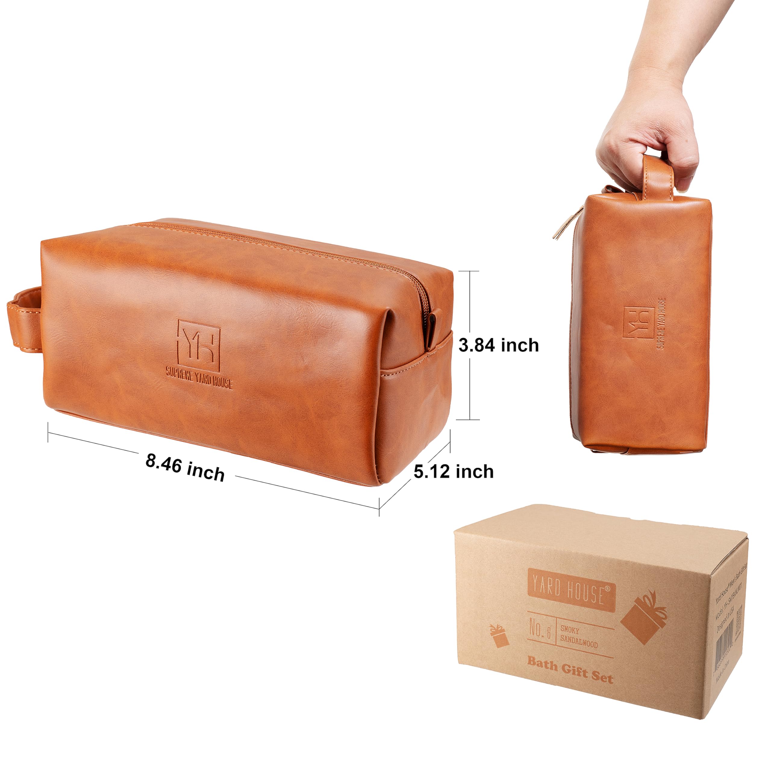 Yard House leather toiletry bag with loofahs for travel organization