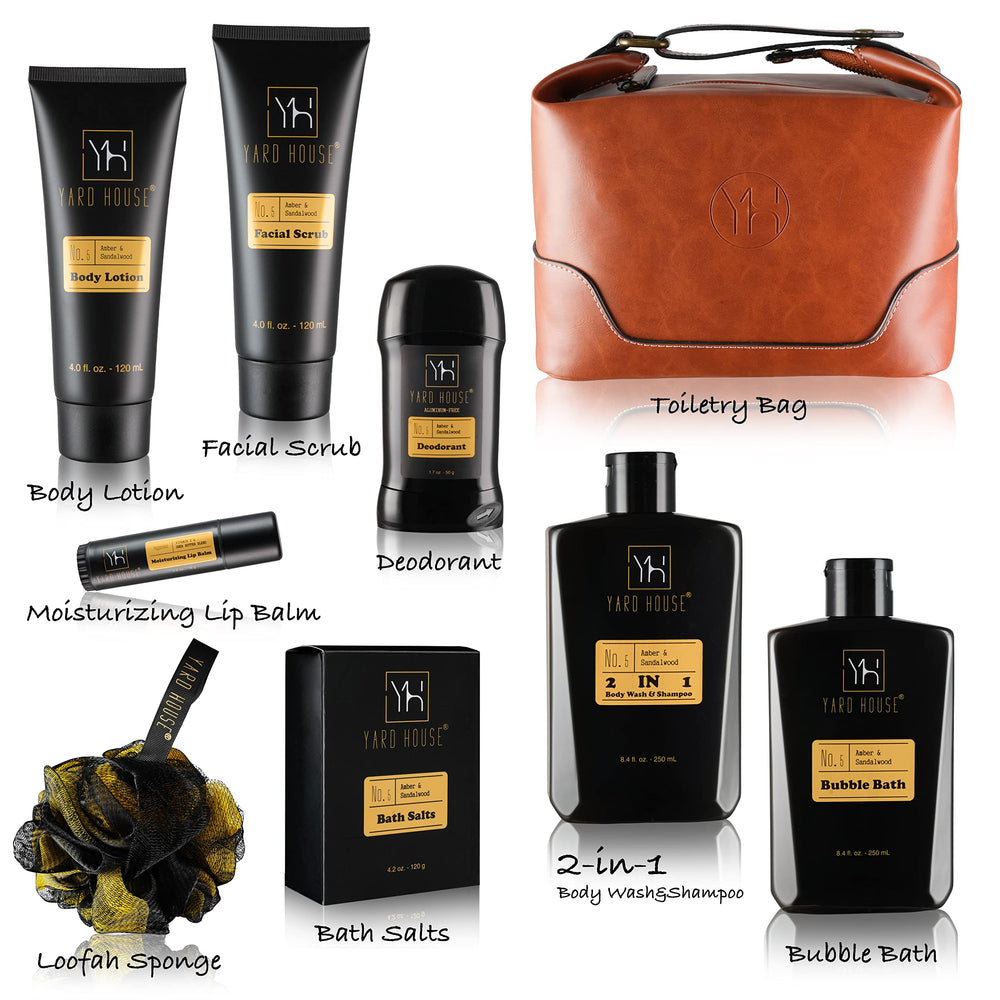 Yard House Sandalwood Amber 2-in-1 Body Wash & Shampoo cleanses skin and hair with masculine fragrance.