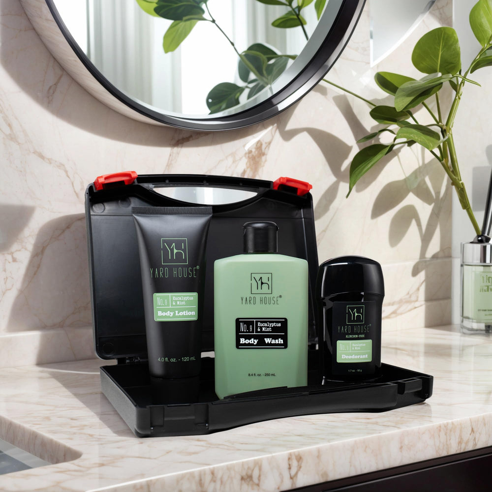 Yard House travel case open showing organized grooming essentials for on-the-go.