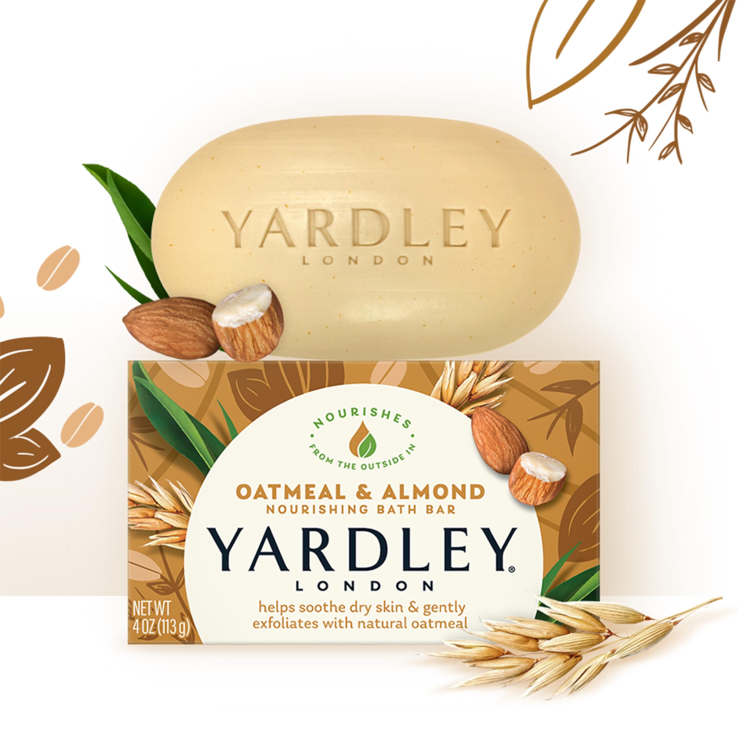 Almond oil and oatmeal ingredients label highlighting nourishing formula.