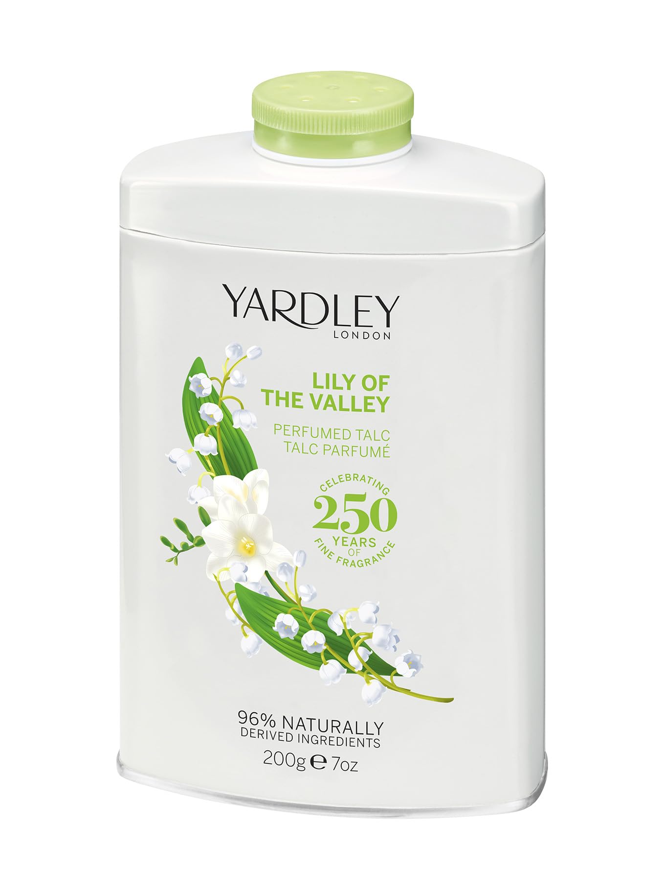 Yardley Lily of the Valley Talc pack shot shows silky powder for all-day freshness
