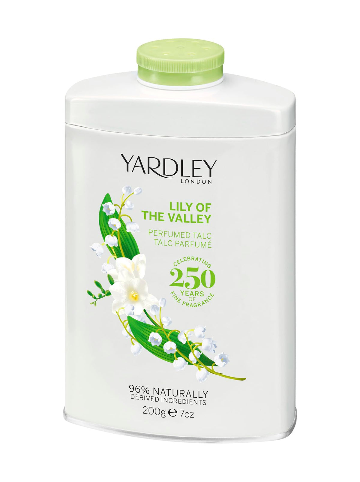 Yardley Lily of the Valley Talc pack shot shows silky powder for all-day freshness