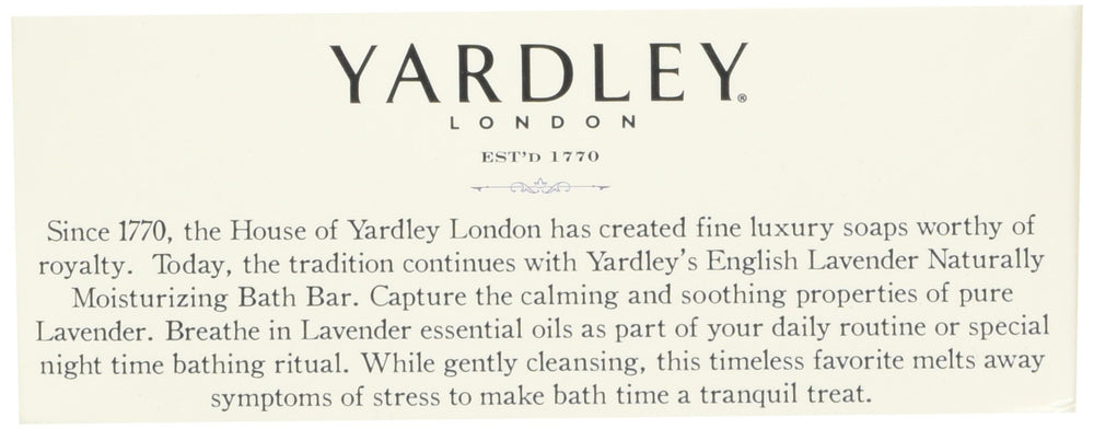 Yardley London English Lavender essential oils droplet image emphasizes pure lavender extracts for relaxation.