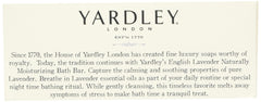 Yardley London English Lavender essential oils droplet image emphasizes pure lavender extracts for relaxation.