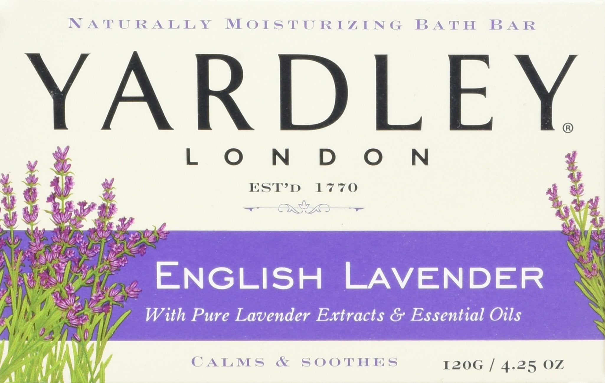 Yardley London English Lavender soap bar closeup lather highlights creamy calming bubbles for nightly routines.