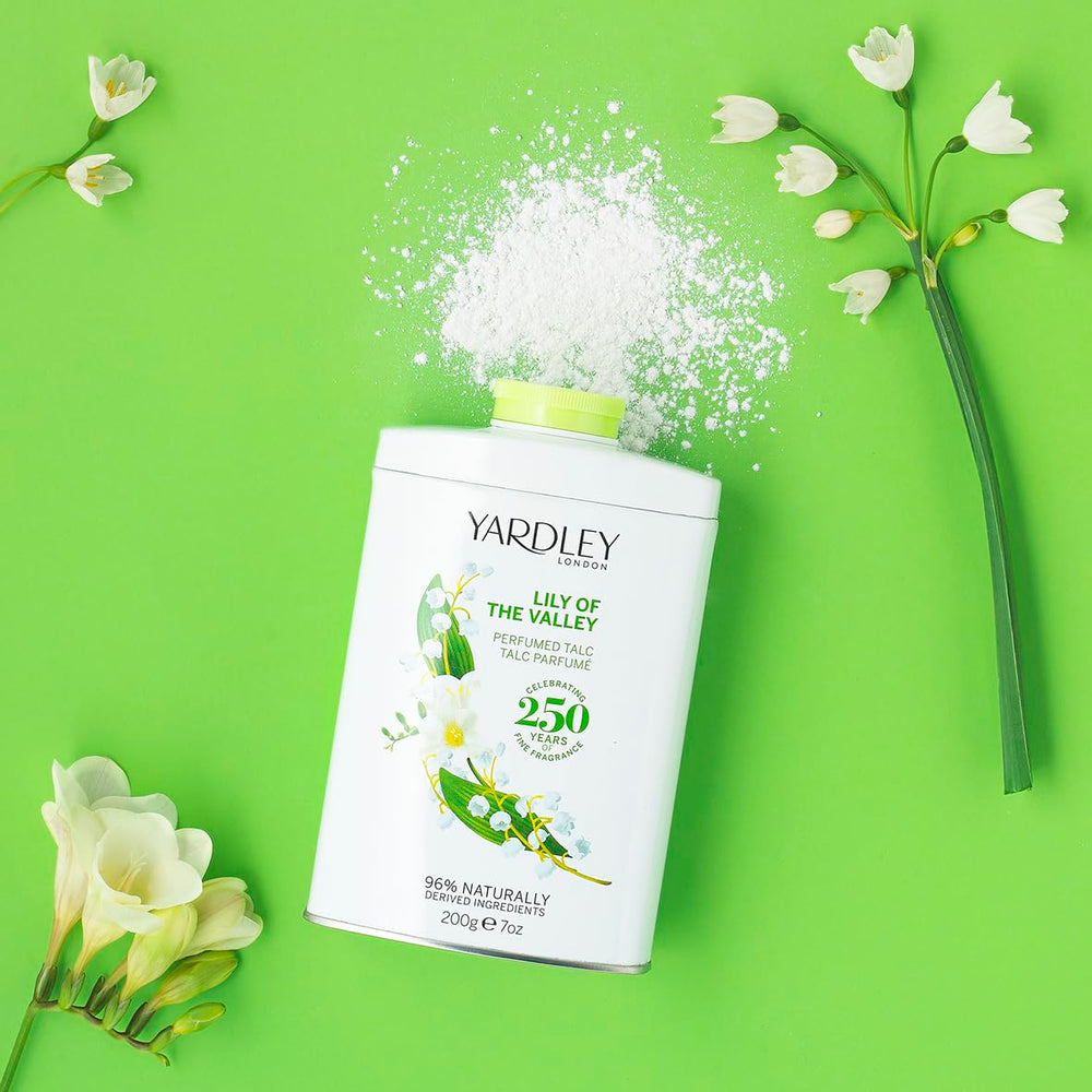 Yardley London Lily of the Valley Talc jar close-up with soft fragrance hints