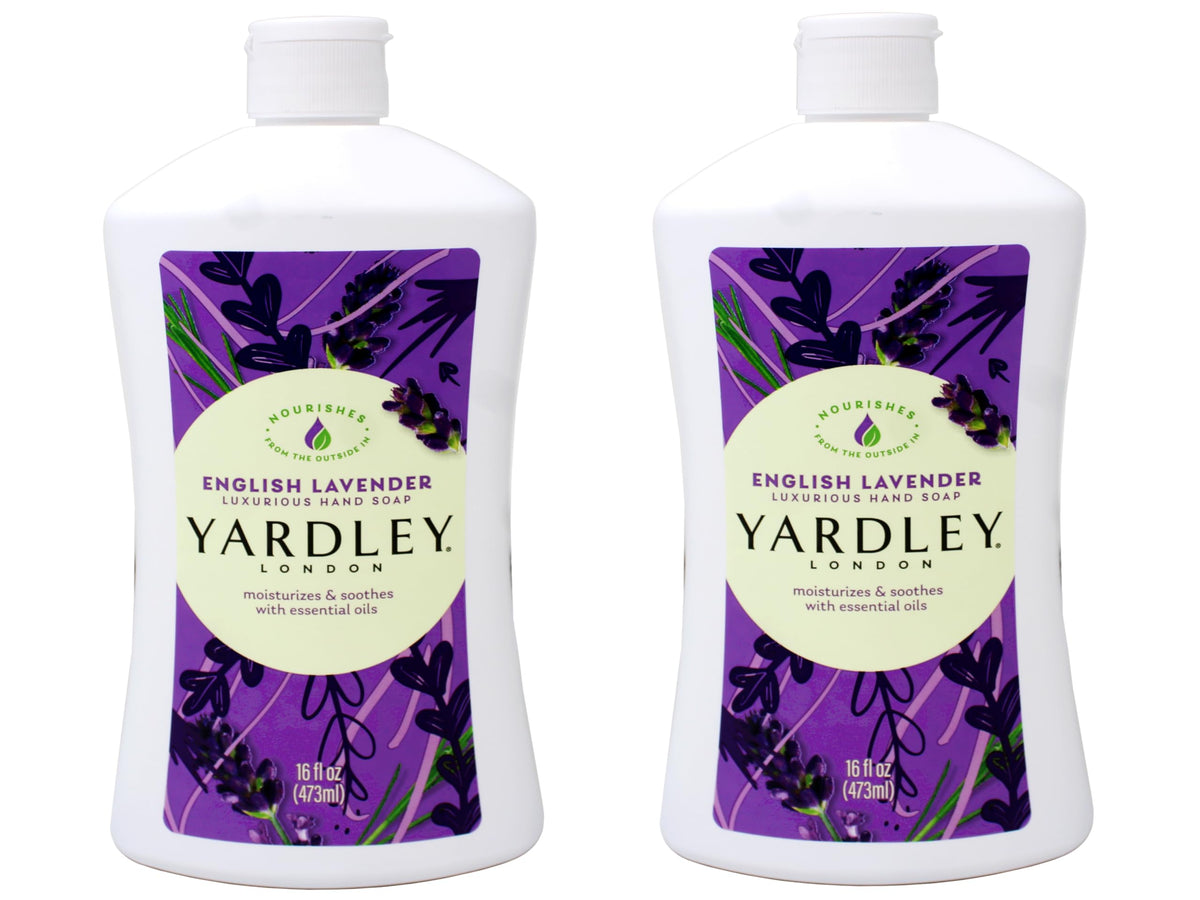 Yardley London English Lavender hand soap bottle shows calming fragrance for daily washing.