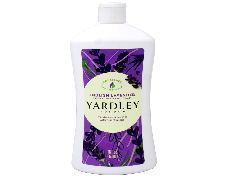 Yardley London Lavender hand soap pump bottle emphasizes moisturizing formula for soft hands.
