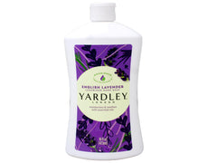 Yardley London Lavender hand soap pump bottle emphasizes moisturizing formula for soft hands.