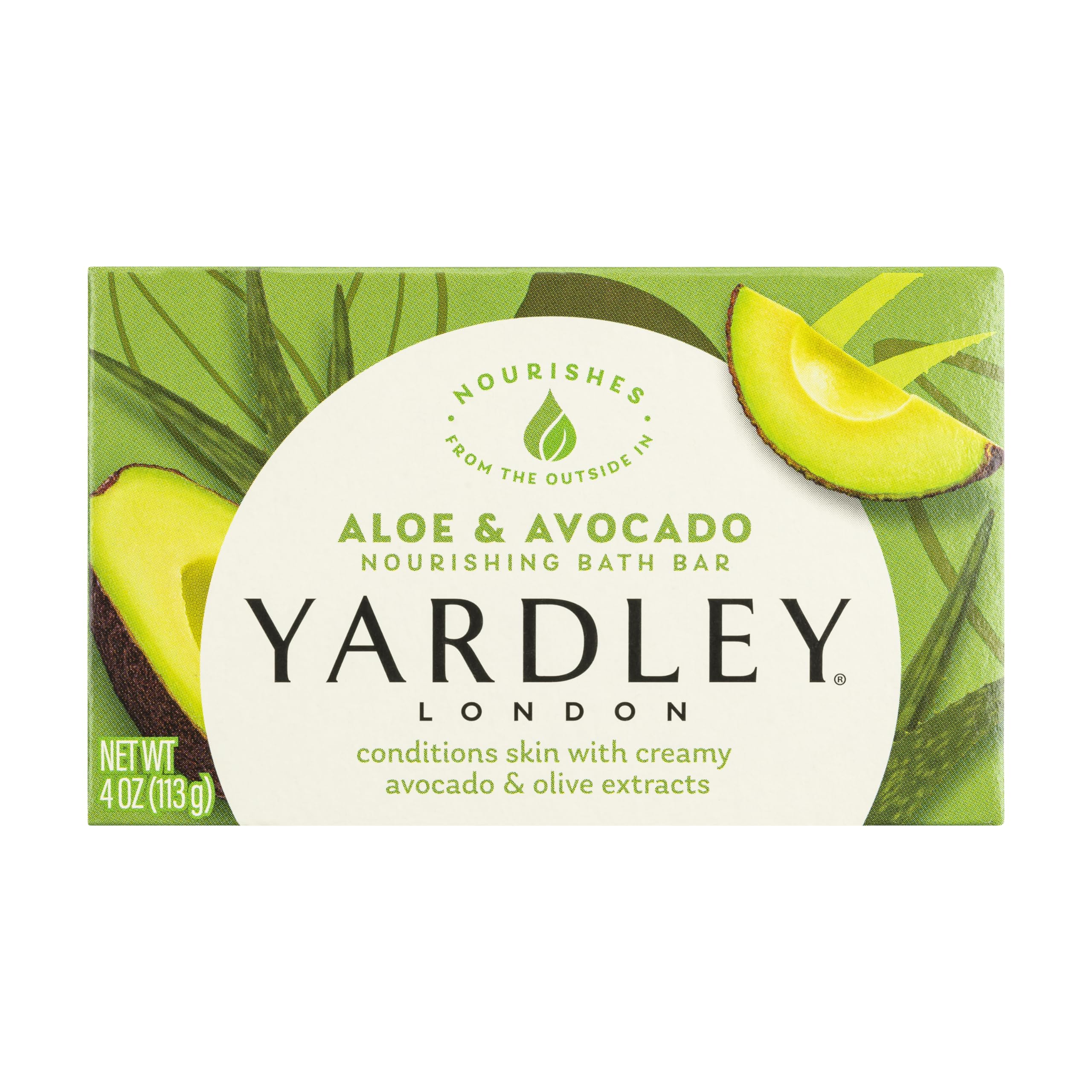 Yardley London Nourishing Bath Soap Bar Aloe image shows creamy avocado hydration for skin.