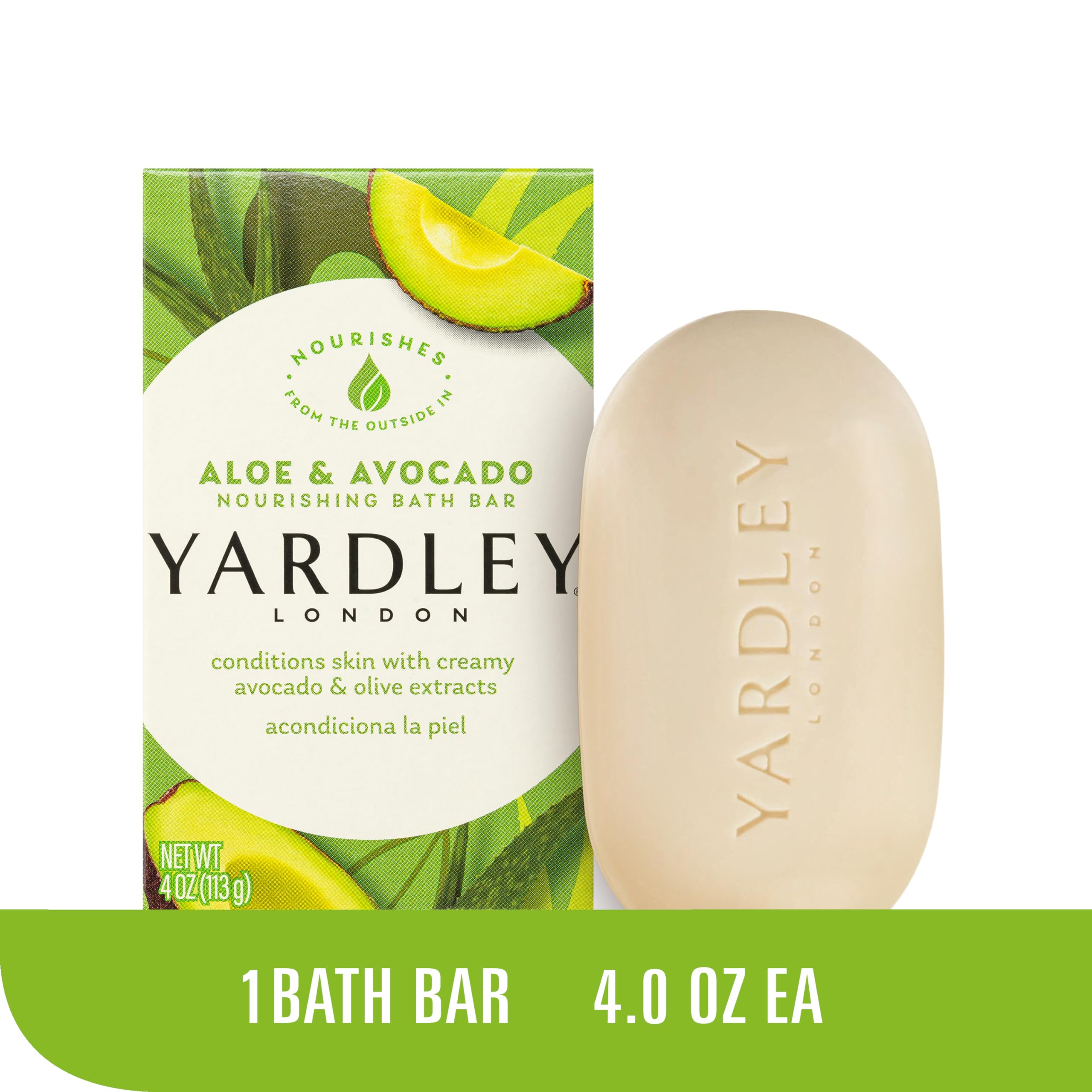 Yardley London Nourishing Bath Soap Bar avocado-olive-oil image highlights nourishing oils for supple skin.