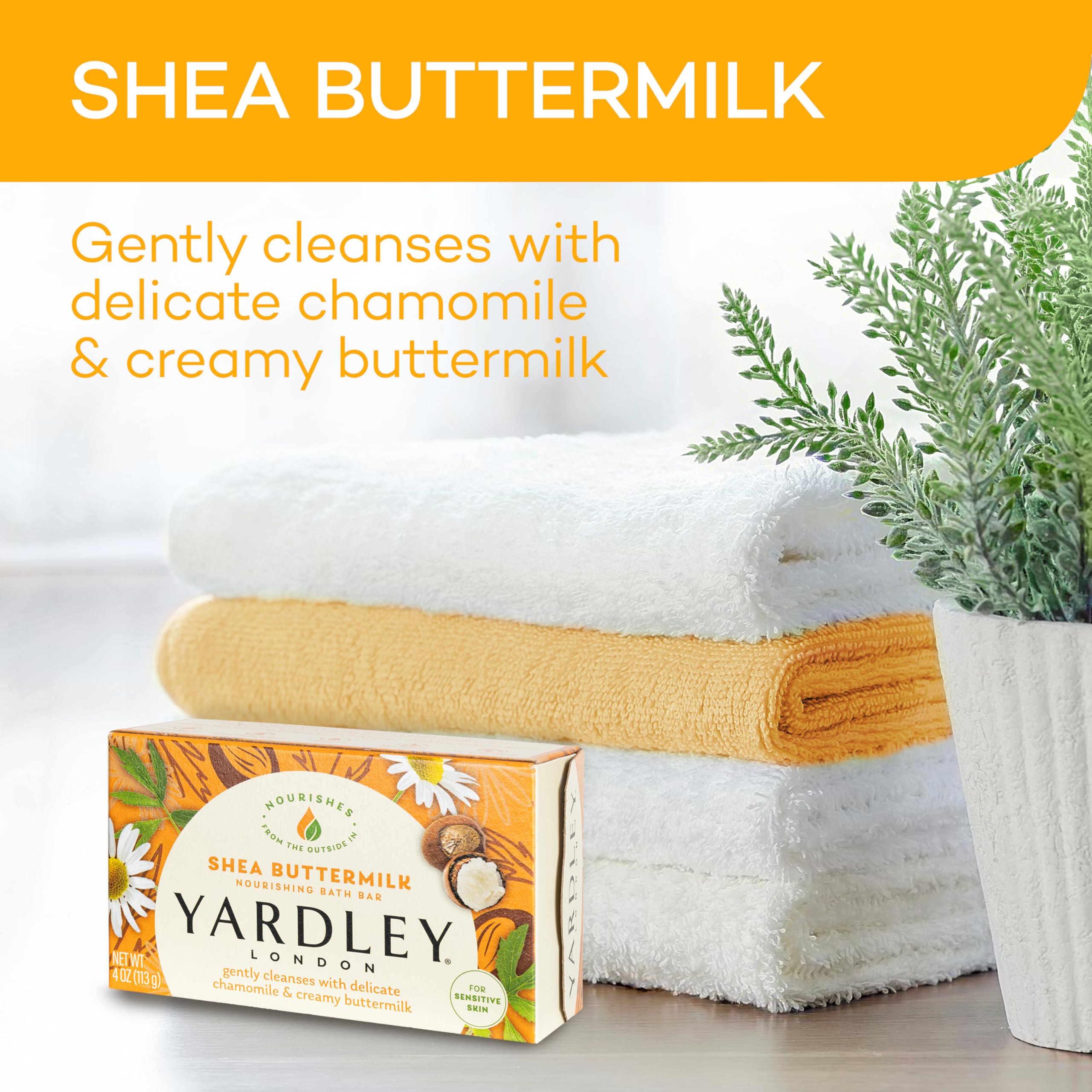Yardley London Nourishing Bath Soap Bar close-up shows creamy buttermilk and shea for soft skin