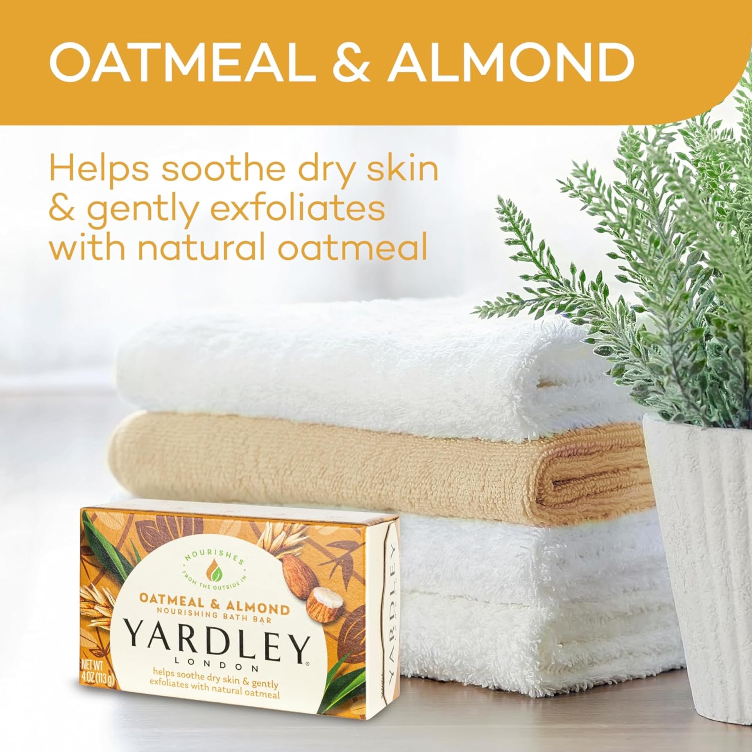 Yardley Oatmeal Almond Bath Bar in use with rich cleansing foam and moisture.
