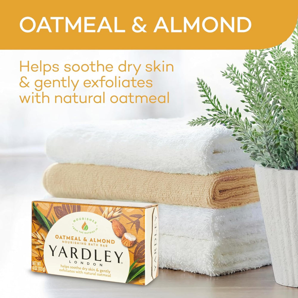 Yardley Oatmeal Almond Bath Bar in use with rich cleansing foam and moisture.