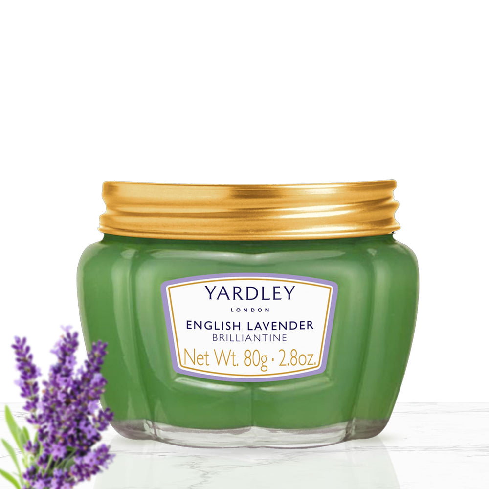 Yardley of London English Lavender Brilliantine box and jar, premium masculine grooming packaging.