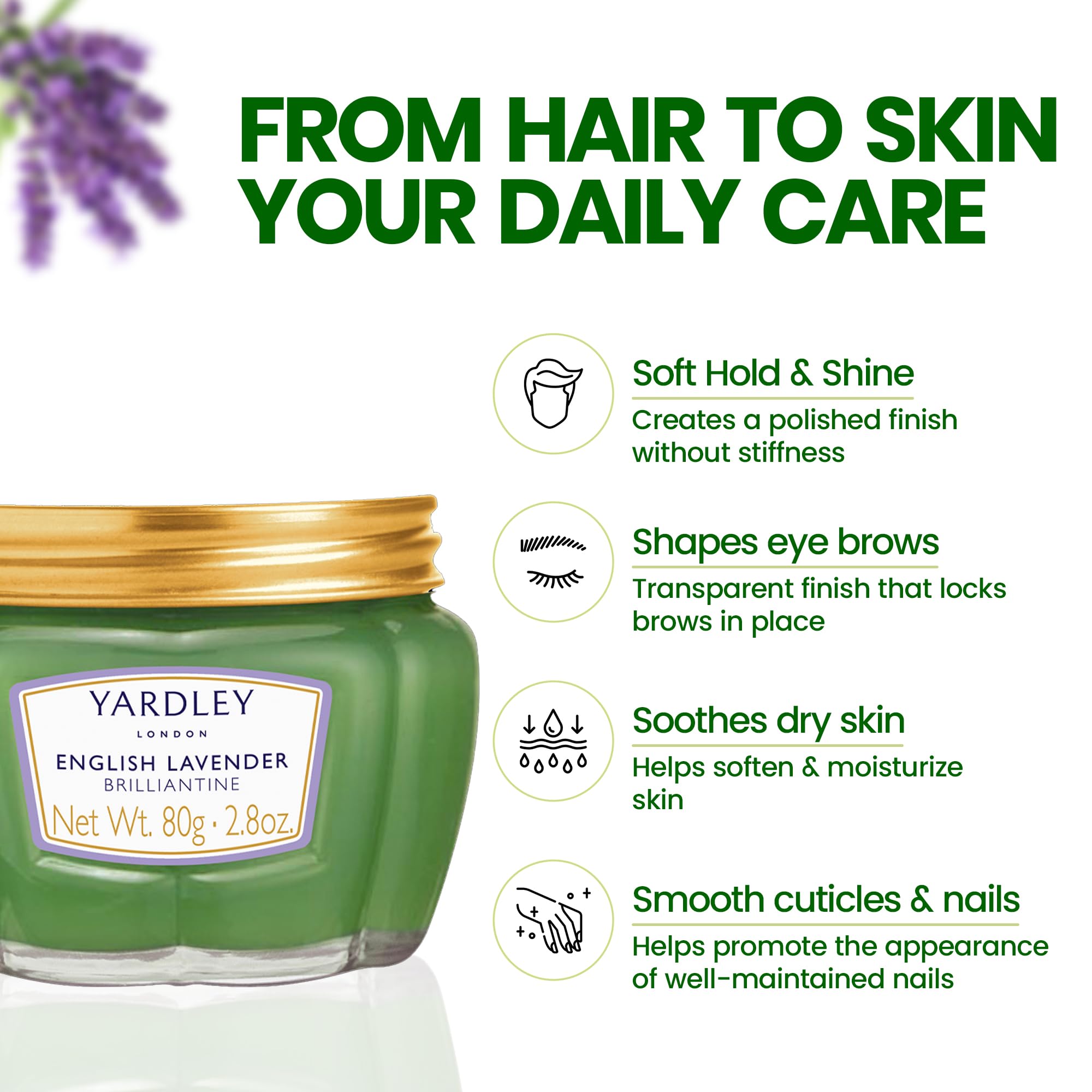 Yardley of London English Lavender Brilliantine on skin, gentle moisture for dry areas.
