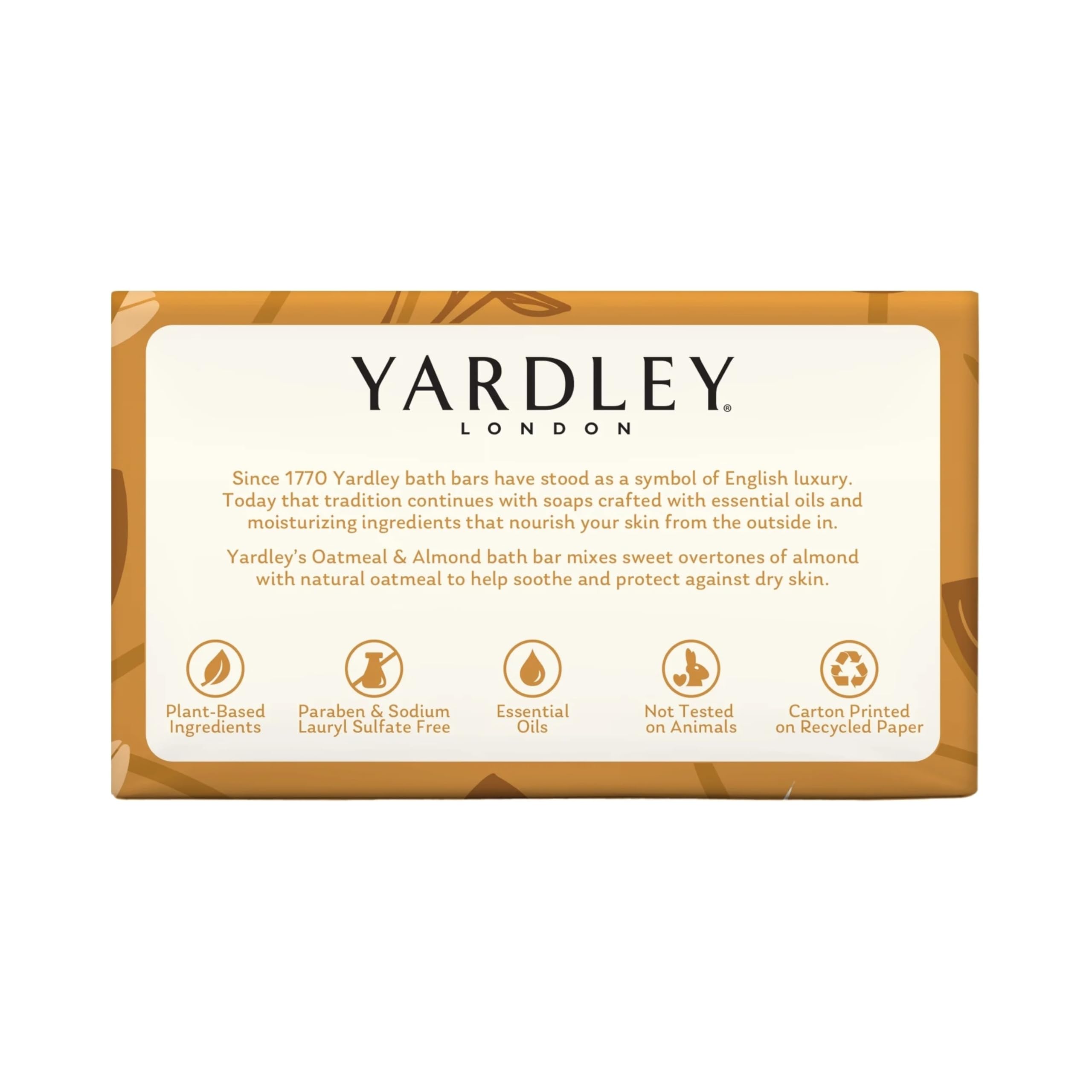 Yardley bath bar packaging shows paraben- and SLS-free formulation for gentler cleansing.