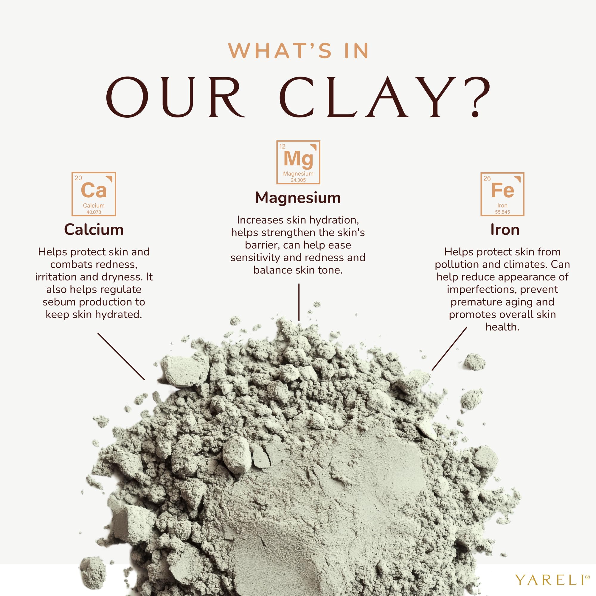 YARELI Bentonite Clay Powder being poured shows mineral-rich preparation for cleansing