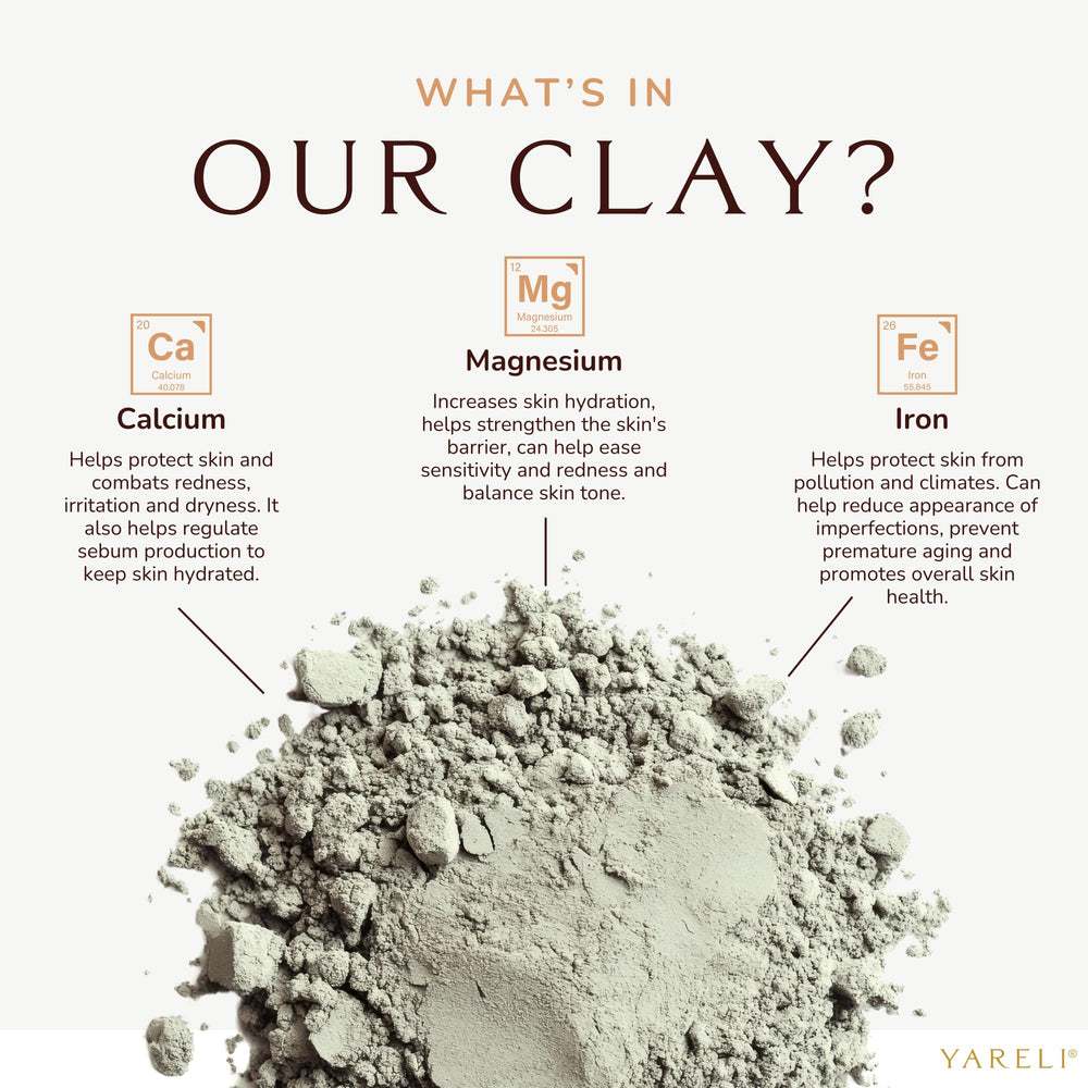 YARELI Bentonite Clay Powder being poured shows mineral-rich preparation for cleansing