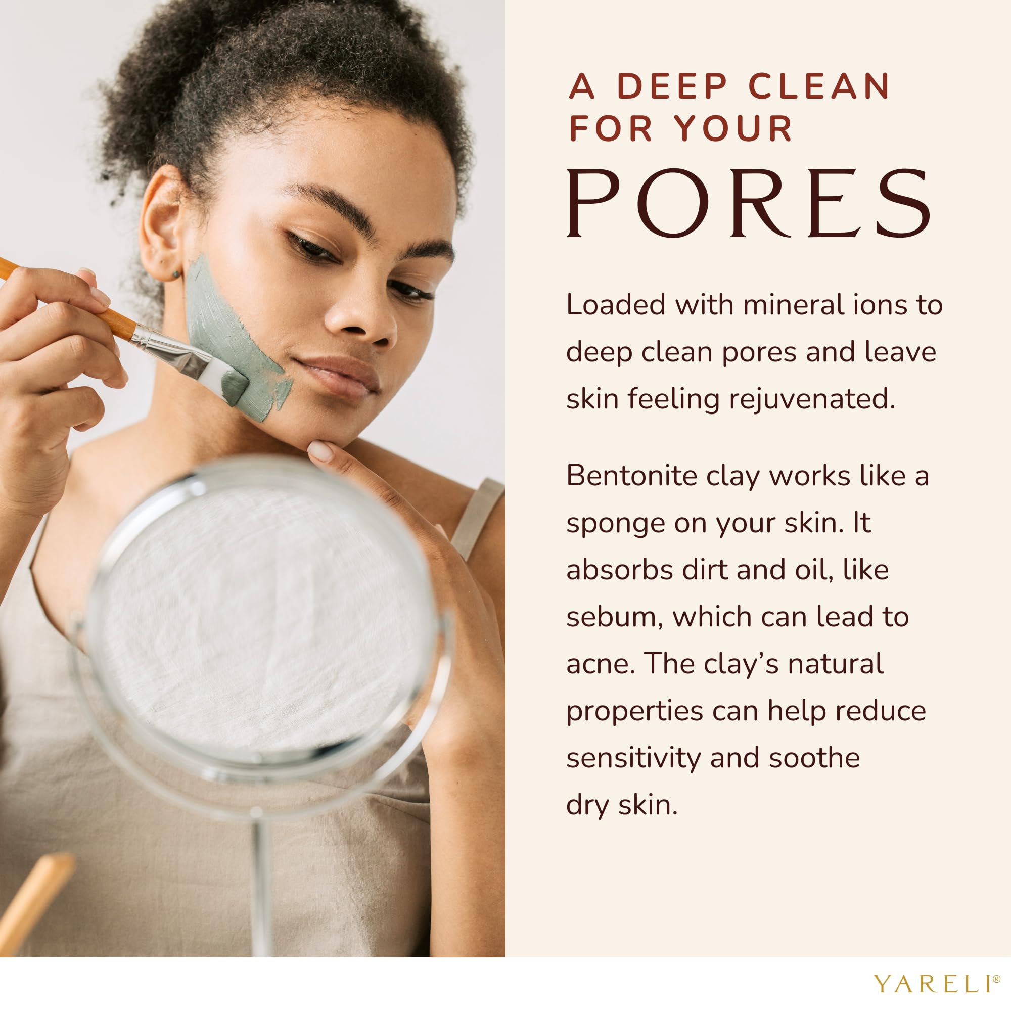 YARELI Bentonite Clay Powder USA-made label emphasizing sustainable manufacturing