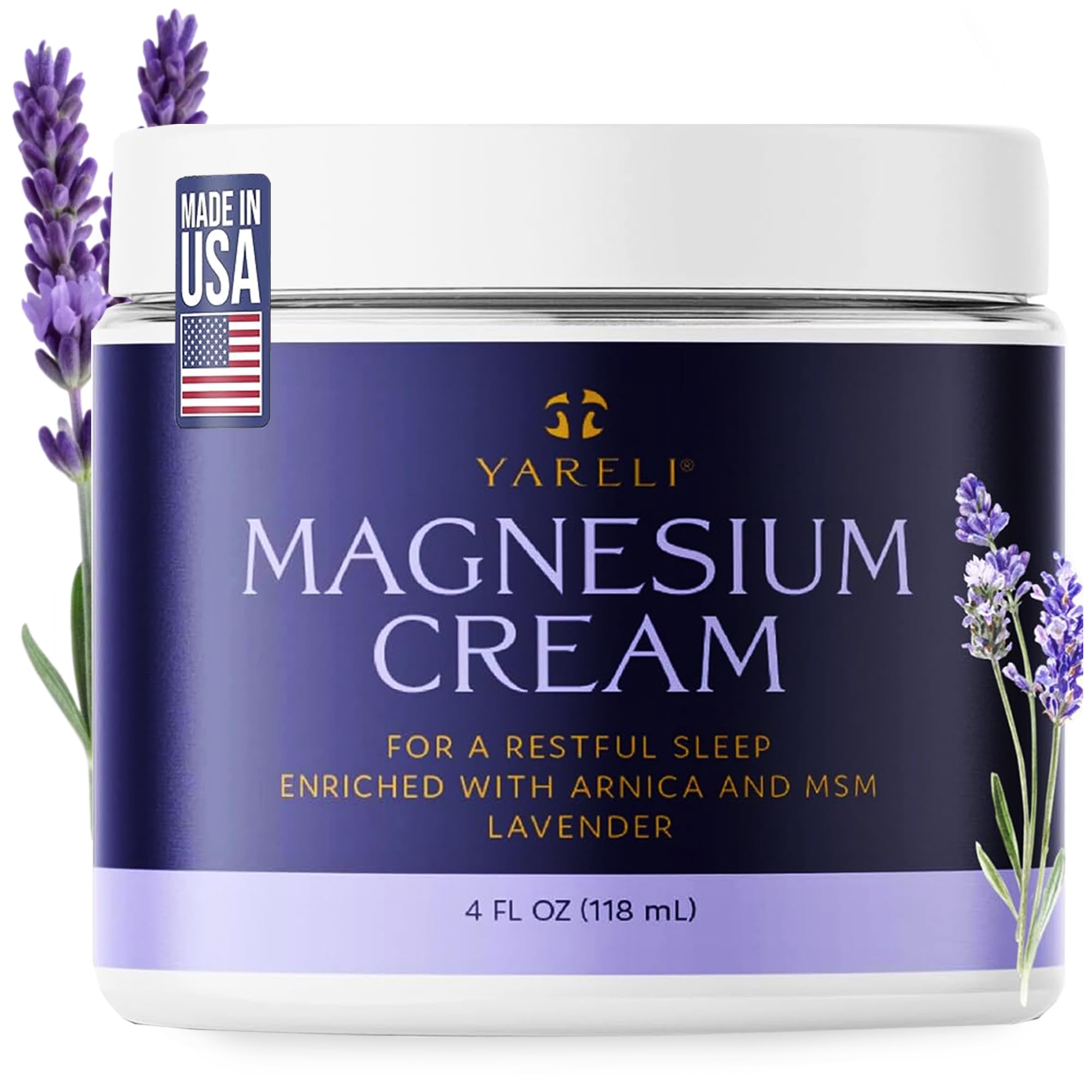 YARELI magnesium cream bottle with lavender supports night-time relaxation and muscle comfort
