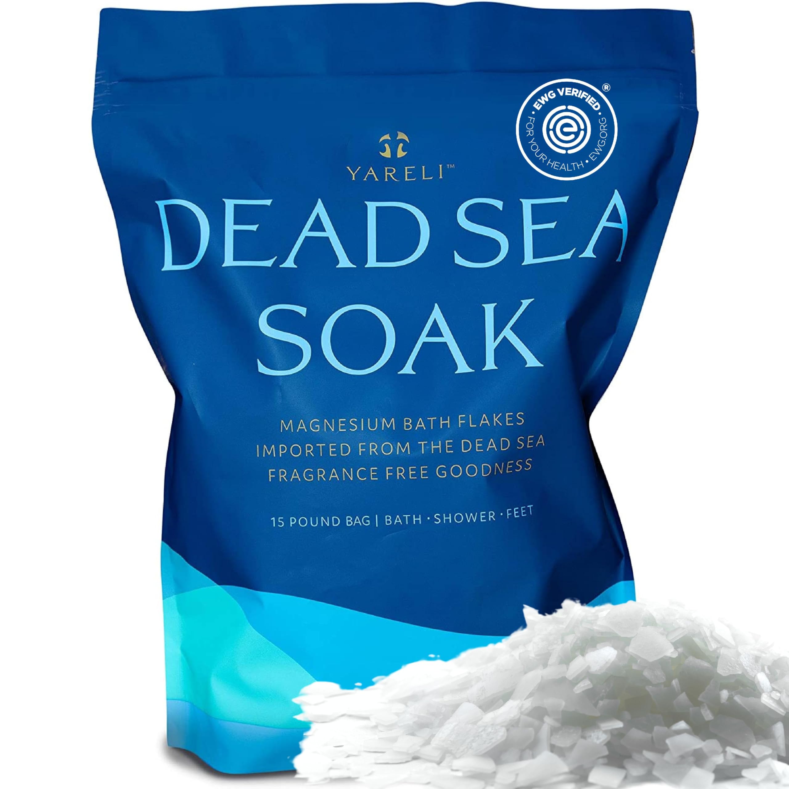 YARELI magnesium flakes dissolve in warm bath for a relaxing Dead Sea soak.