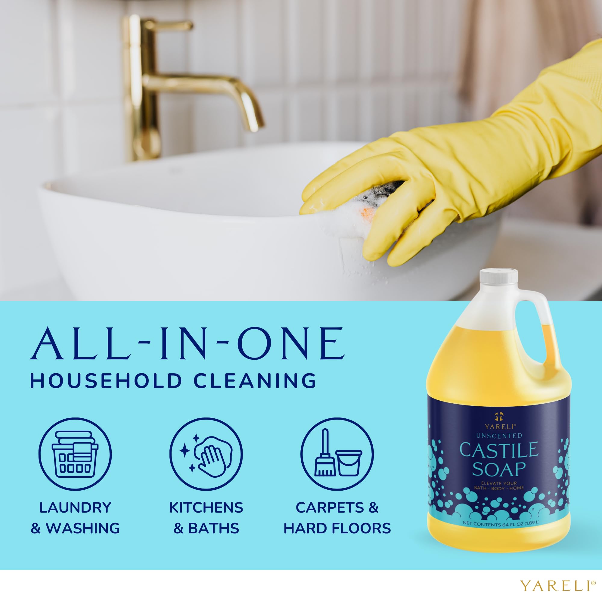 YARELI Castile Soap cleaning surfaces like windows and countertops