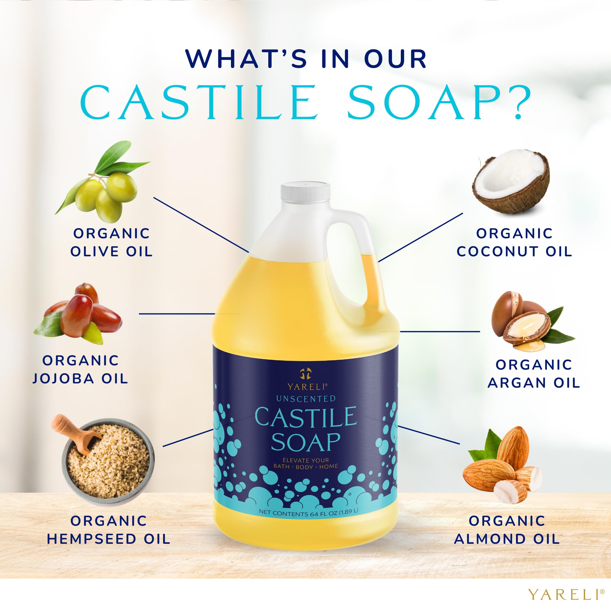 YARELI unscented Castile Soap ingredients close-up for organic oils and skin-friendly formula