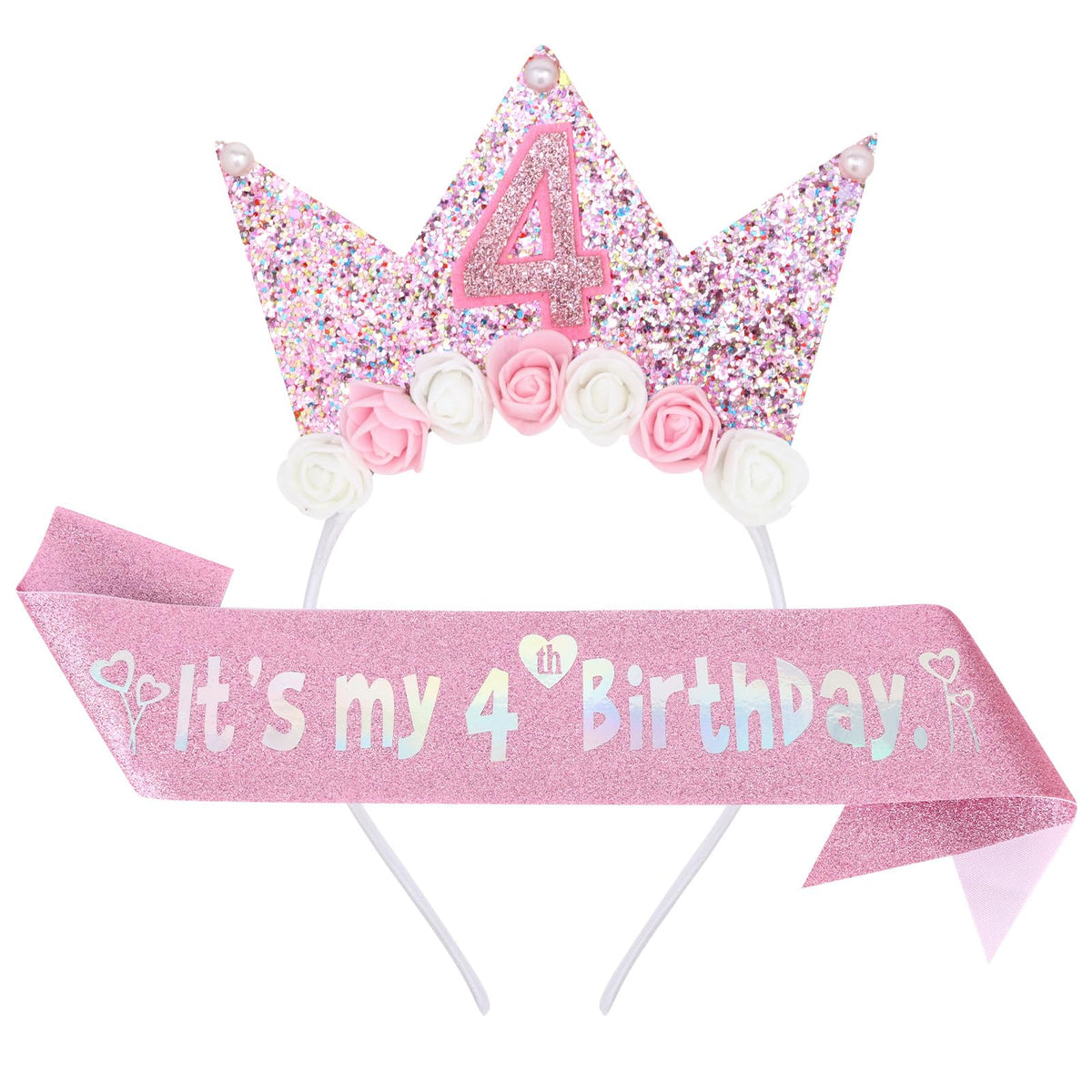 YARIEW Its My 4th Birthday sash with glittery fabric for an eye-catching party look.