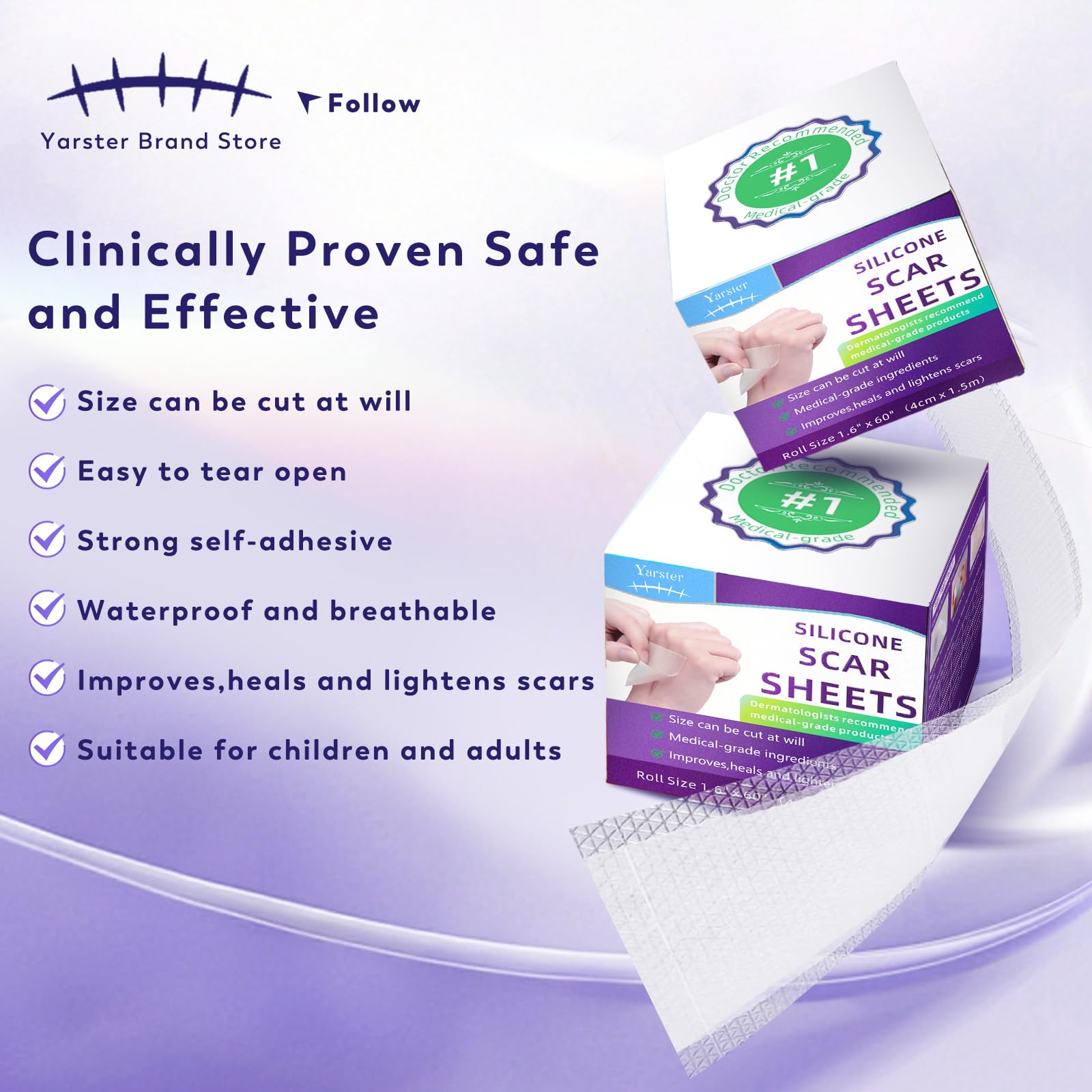 Yarster silicone scar sheets on-skin application shows seamless adhesion for all-day wear.