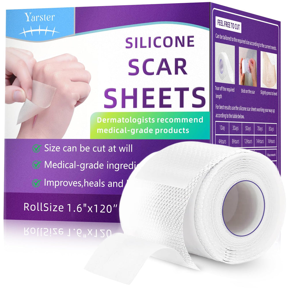 Yarster silicone scar sheets roll-packaging enables easy sizing for scar care on any area.
