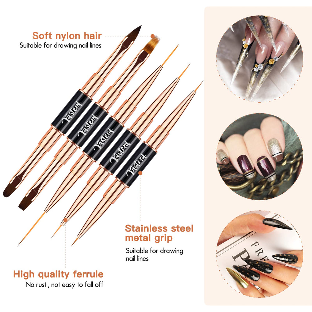 Yasterd nail art brush set with detailed heads, versatile for precise lines and embellishments.