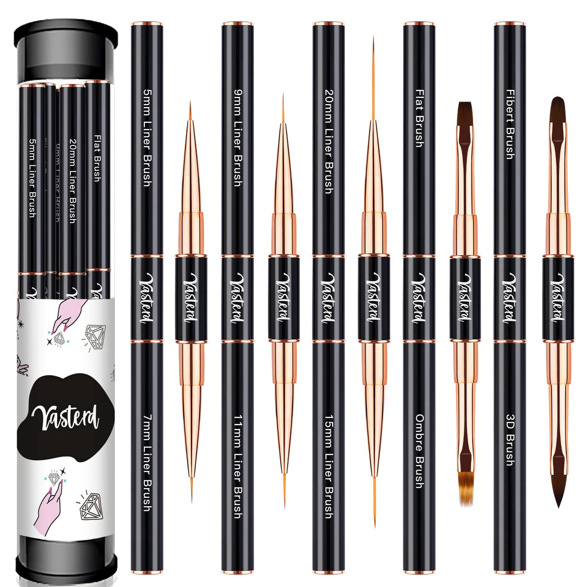 Yasterd nail art brush set front view, compact travel-ready for precise nail designs.